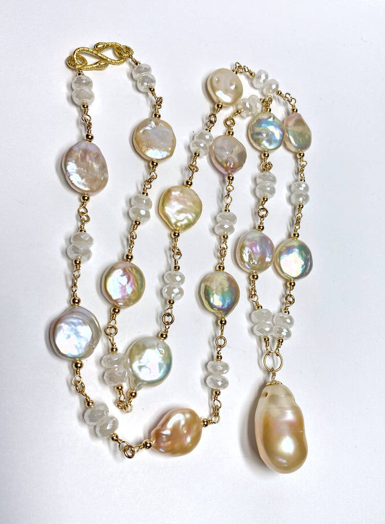 Blush Baroque Pearl Mystic Moonstone Long Sautoir Rosary Necklace Gold Fill