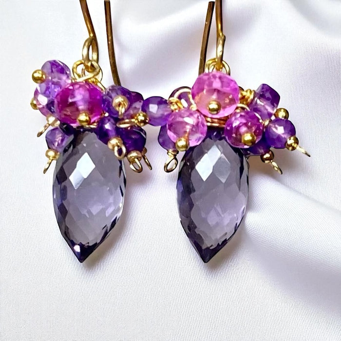 Amethyst, Violet Sapphire Cluster Earrings, Gold Fill