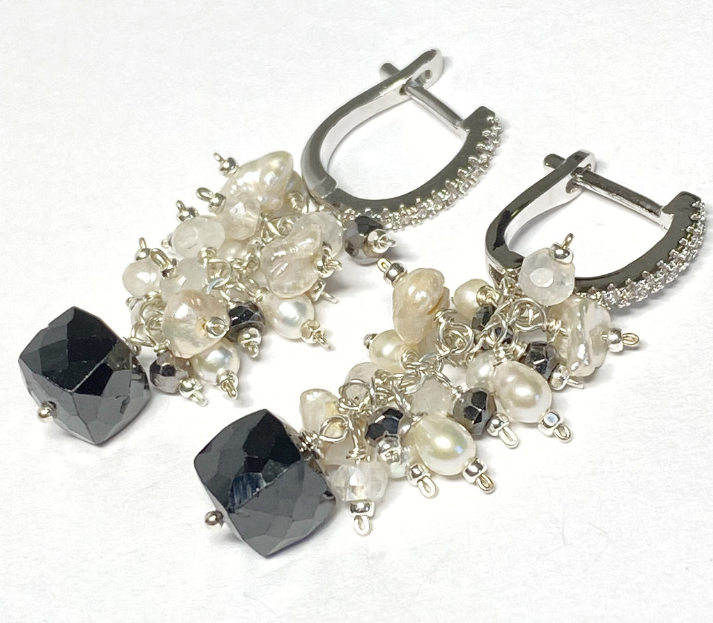 Black Spinel, Pearl and Moonstone Cluster Earrings