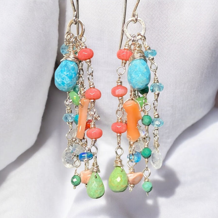 Blue and Green Turquoise Dangle Earrings, Coral, Moonstone, Gemstone 3