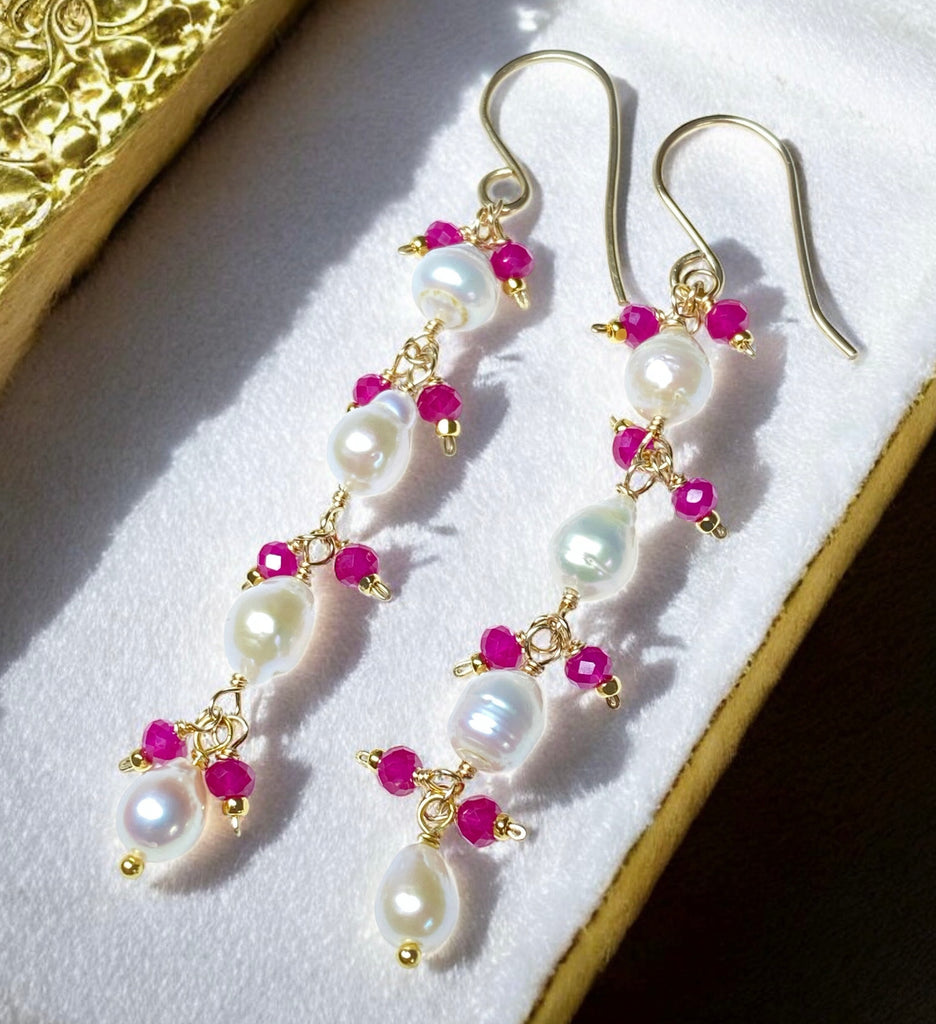 Ruby and Pearl Long Dainty Earrings Gold Fill