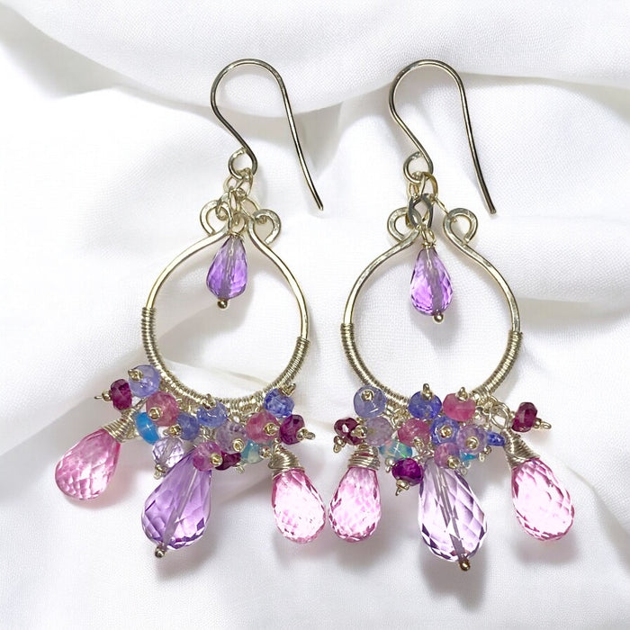 Pink Gemstone and Amethyst Chandelier Earrings Sterling Silver