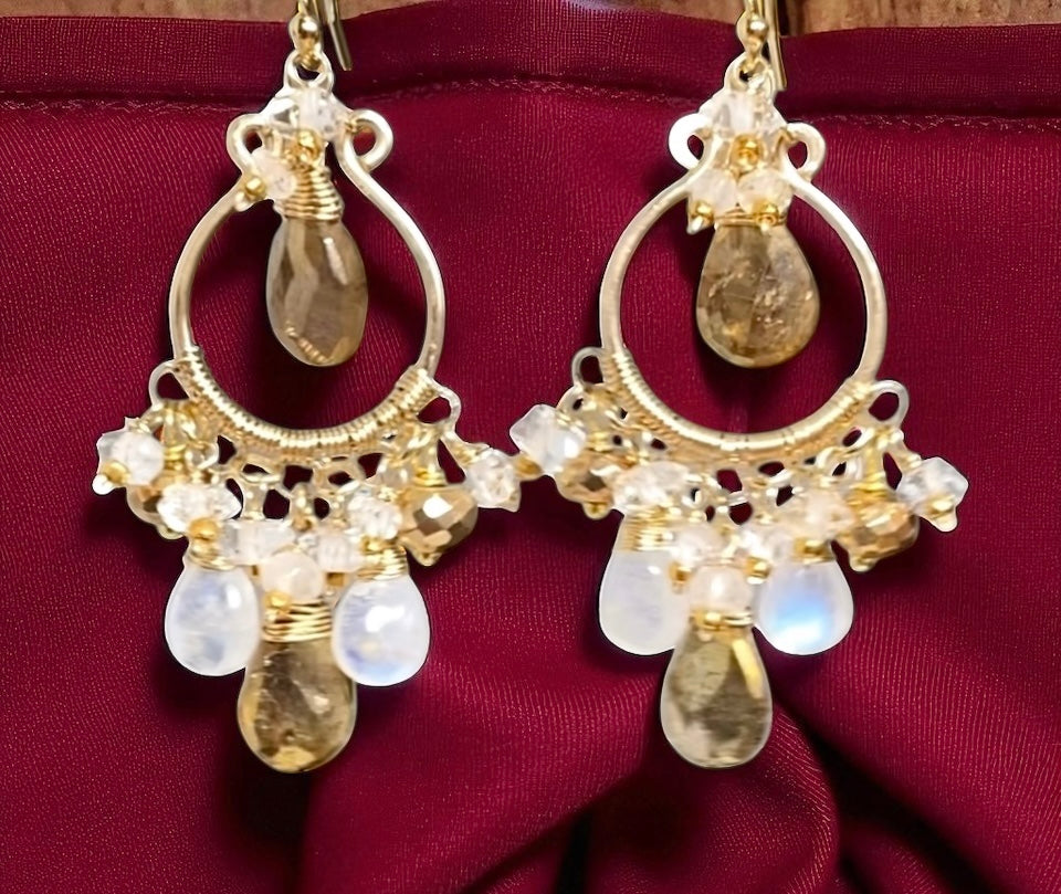 Rainbow Moonstone Gold Labradorite Chandelier Hoop Earrings Gold Fill