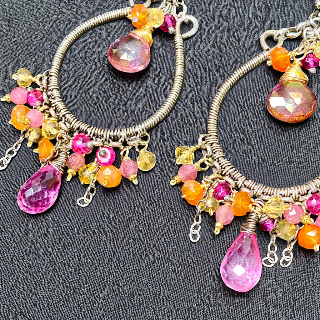 Multi-color Gemstone Hoop Chandelier Earrings in Mixed Metals