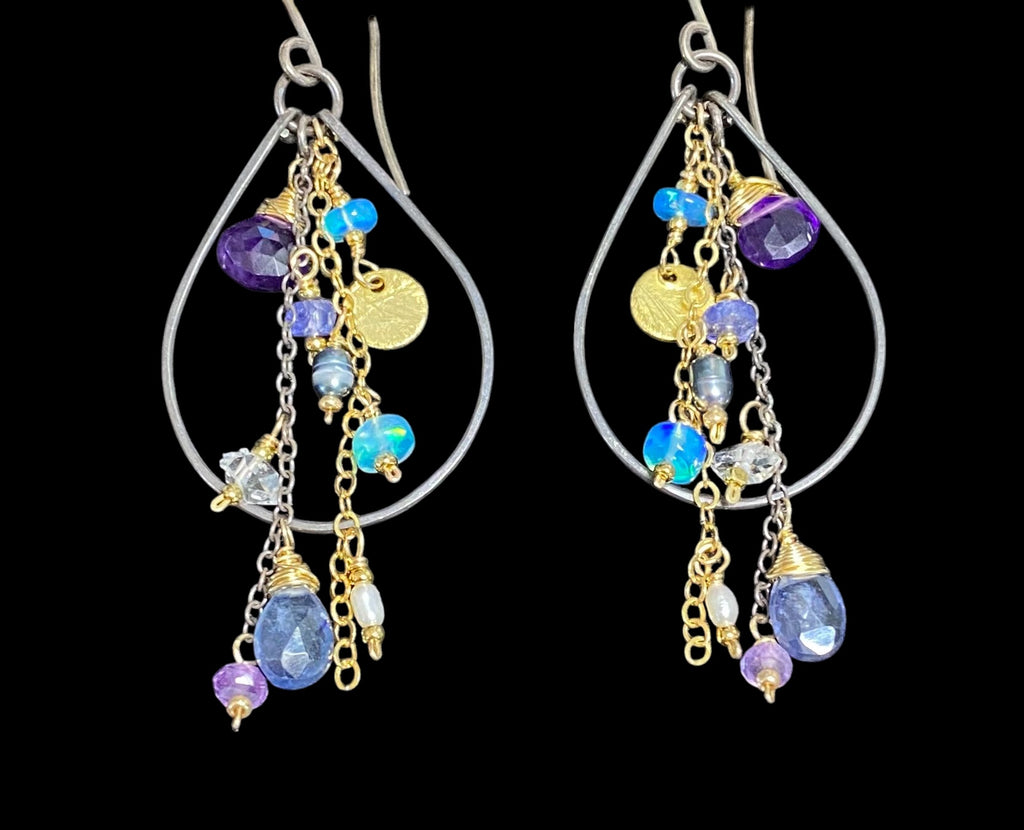 Amethyst, Blue Kyanite Mixed Metal Hoop Earrings, Black Gold