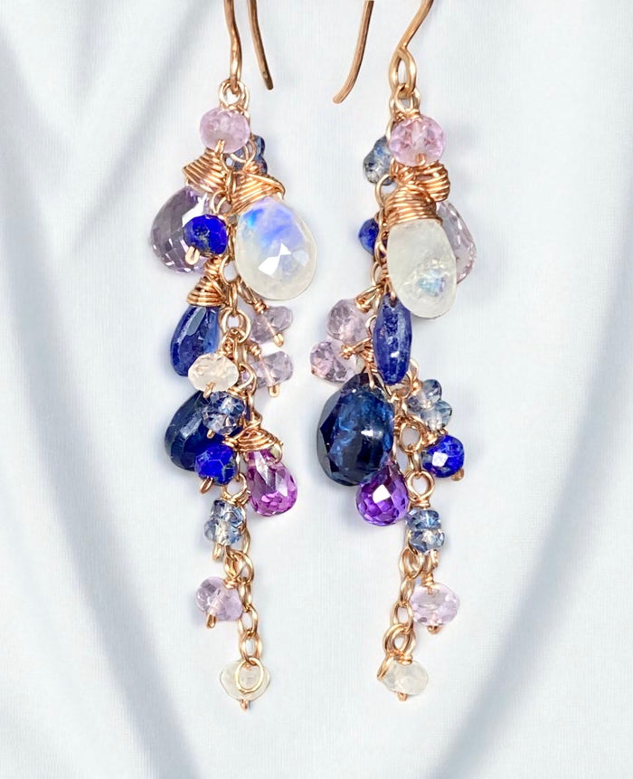 Blue Purple Gemstone Rose Gold Dangle Earrings with Tanzanite