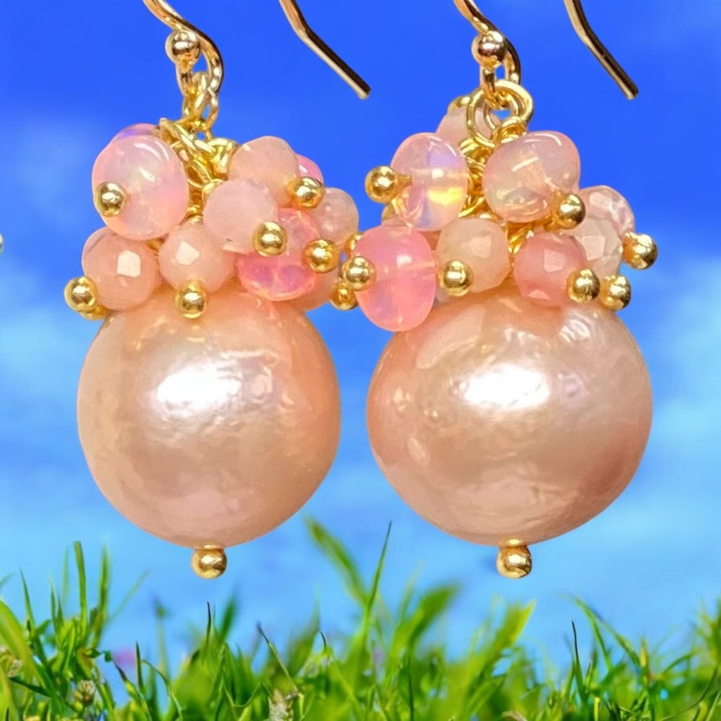 Pink Blush Pearl Pink Opal Cluster Earrings Gold Fill