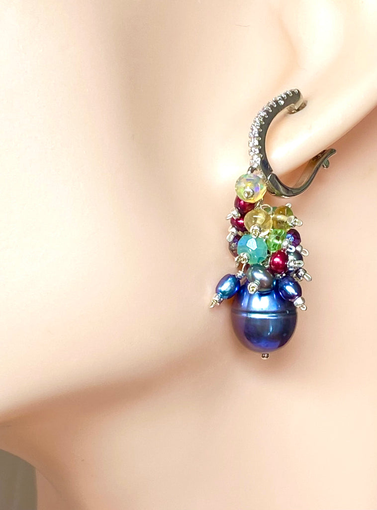 Grey Pearl Earrings with Colorful Gemstone Clusters in Sterling Silver