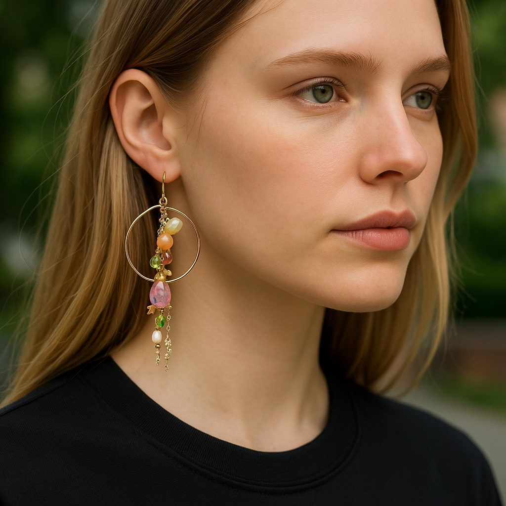 Gold Fill Hoop Earrings with Multi Gemstone Dangles, Opals, Peridot