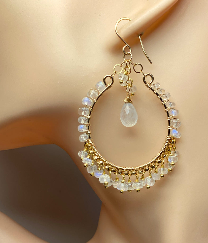 Rainbow Moonstone Gold Hoop Chandelier Earrings 3