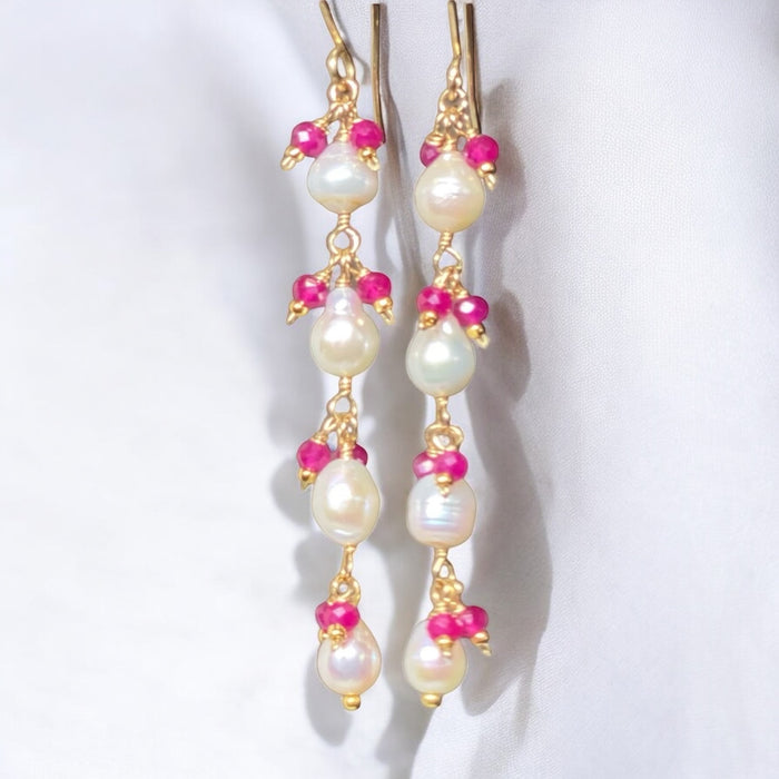Ruby and Pearl Long Dainty Earrings Gold Fill