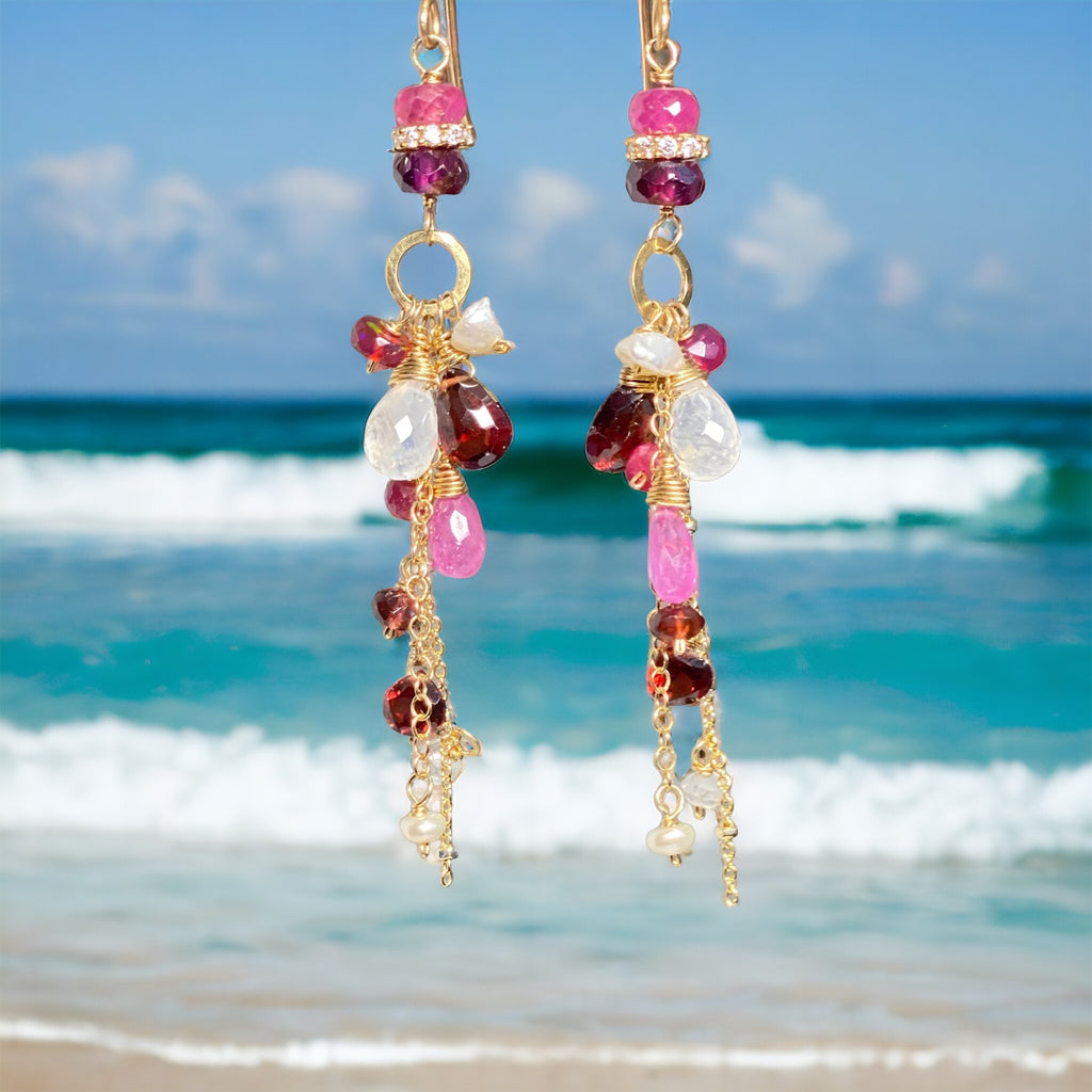 Red Gemstone Long Boho Chain Dangle Earrings Garnet Pink Sapphire