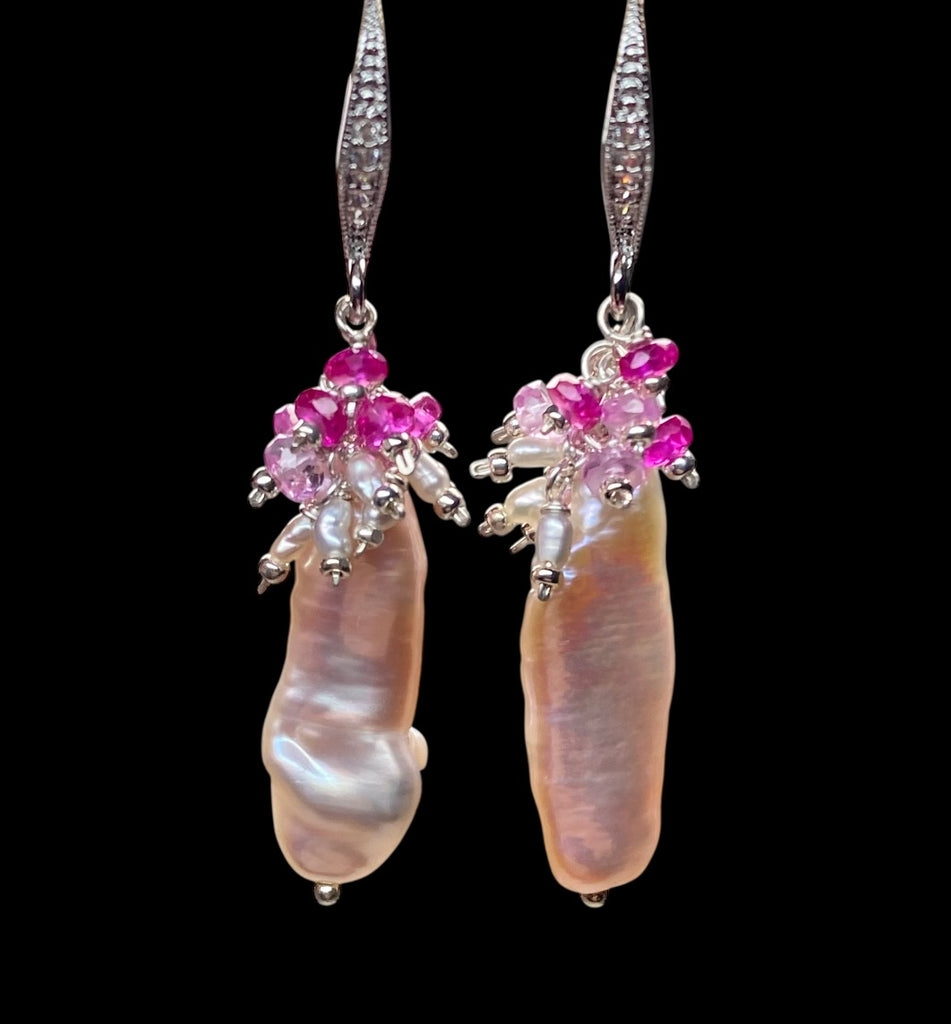 Biwa Pearl Dangle Earrings, Pink Red Ruby Clusters Sterling Silver