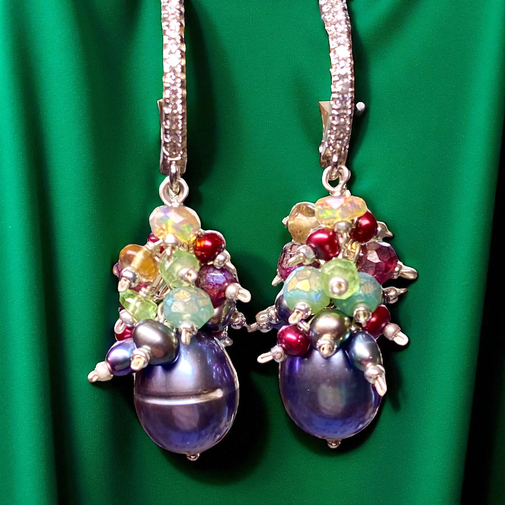 Grey Pearl Earrings with Colorful Gemstone Clusters in Sterling Silver