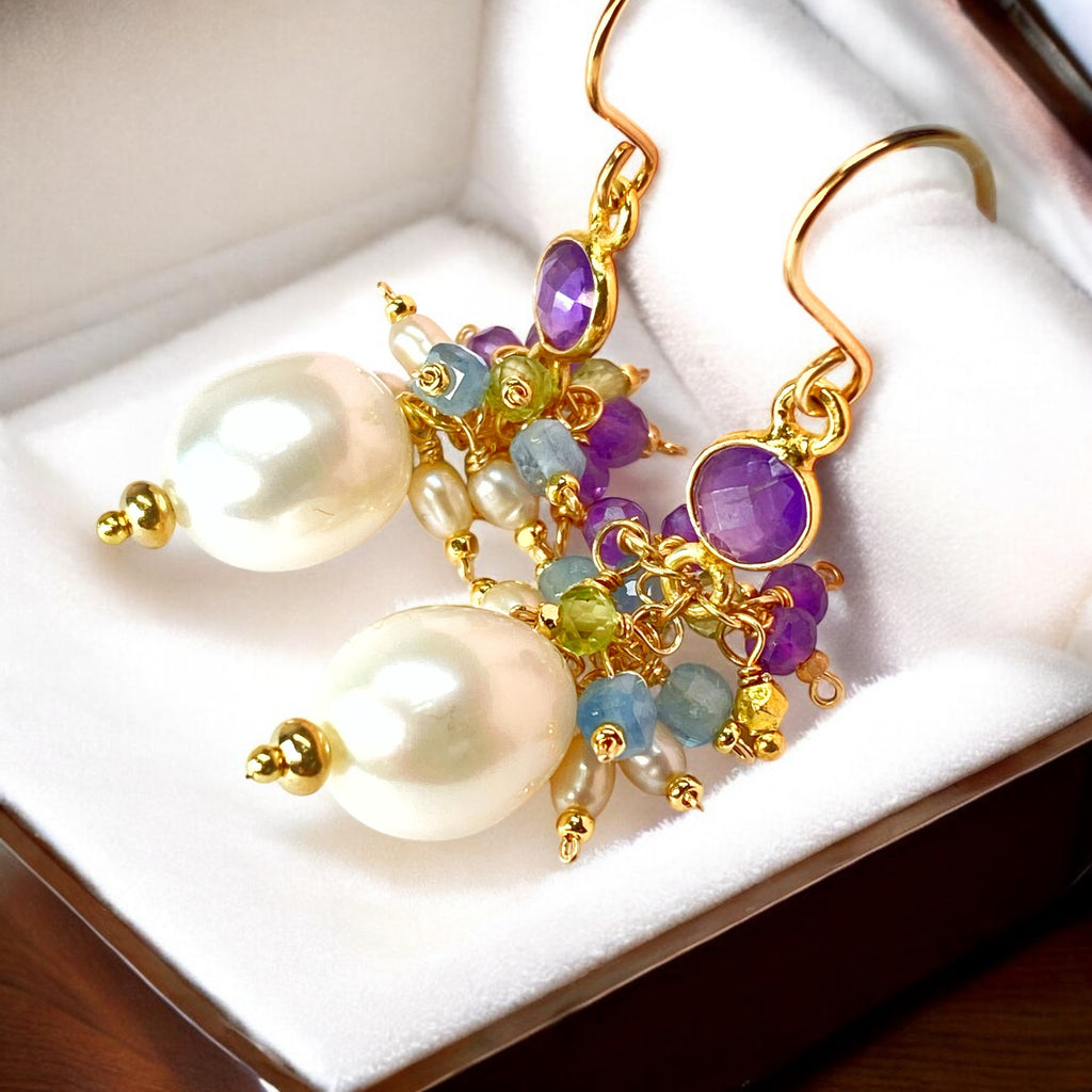 Pearl Cluster Earrings with Peridot, Aquamarine, Amethyst in Gold