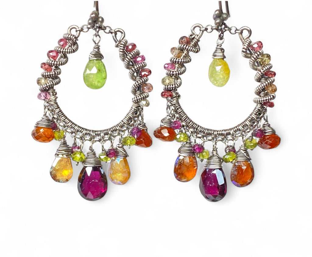 Multi-color Garnet Chandelier Hoop Earrings Coiled Oxidized Sterling Silver