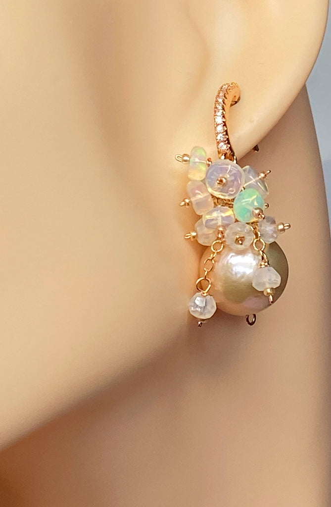 Pink Blush Pearl Opal Cluster Earrings Rose Gold