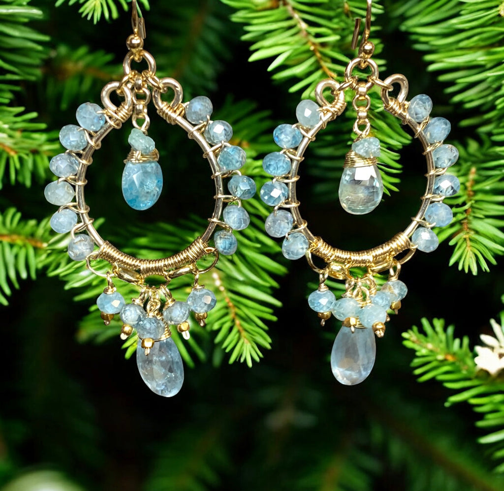 Natural Blue Zircon, Aquamarine Gemstone Chandelier Hoop Earrings Gold Fill