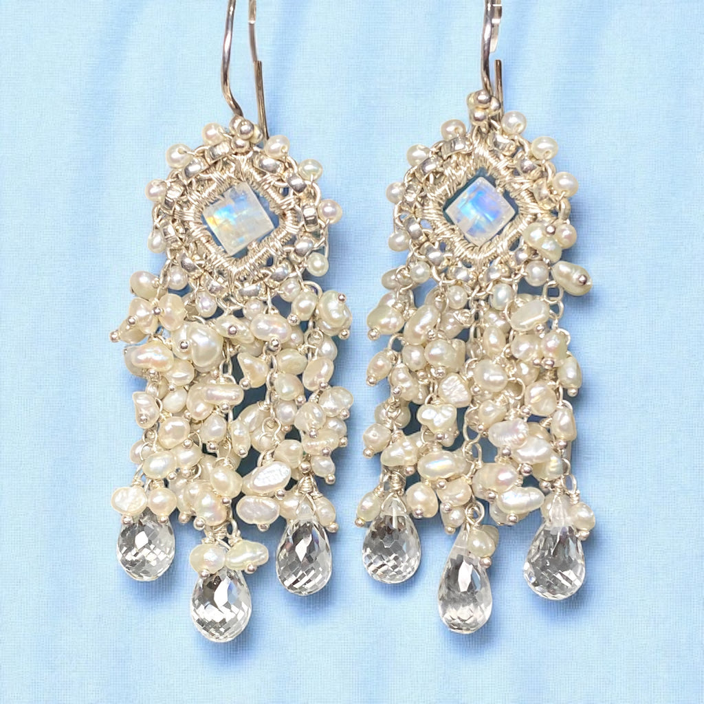 Moonstone and Pearl Chandelier Statement Bridal Wedding Earrings