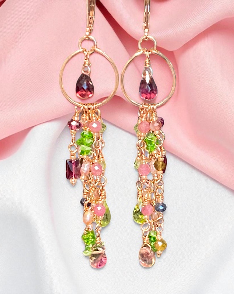 Rubellite Tourmaline Multicolor Gemstone Long Boho Dangle Earrings Rose Gold
