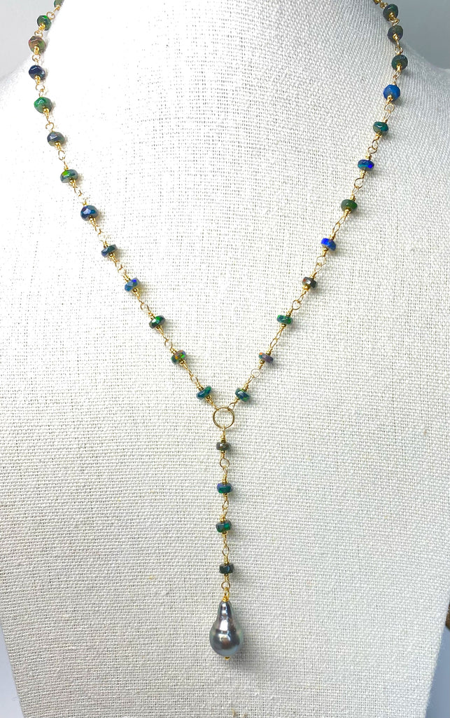 Tahitian Pearl, Black Ethiopian Opal Wire Wrap Y Necklace, Gold Fill