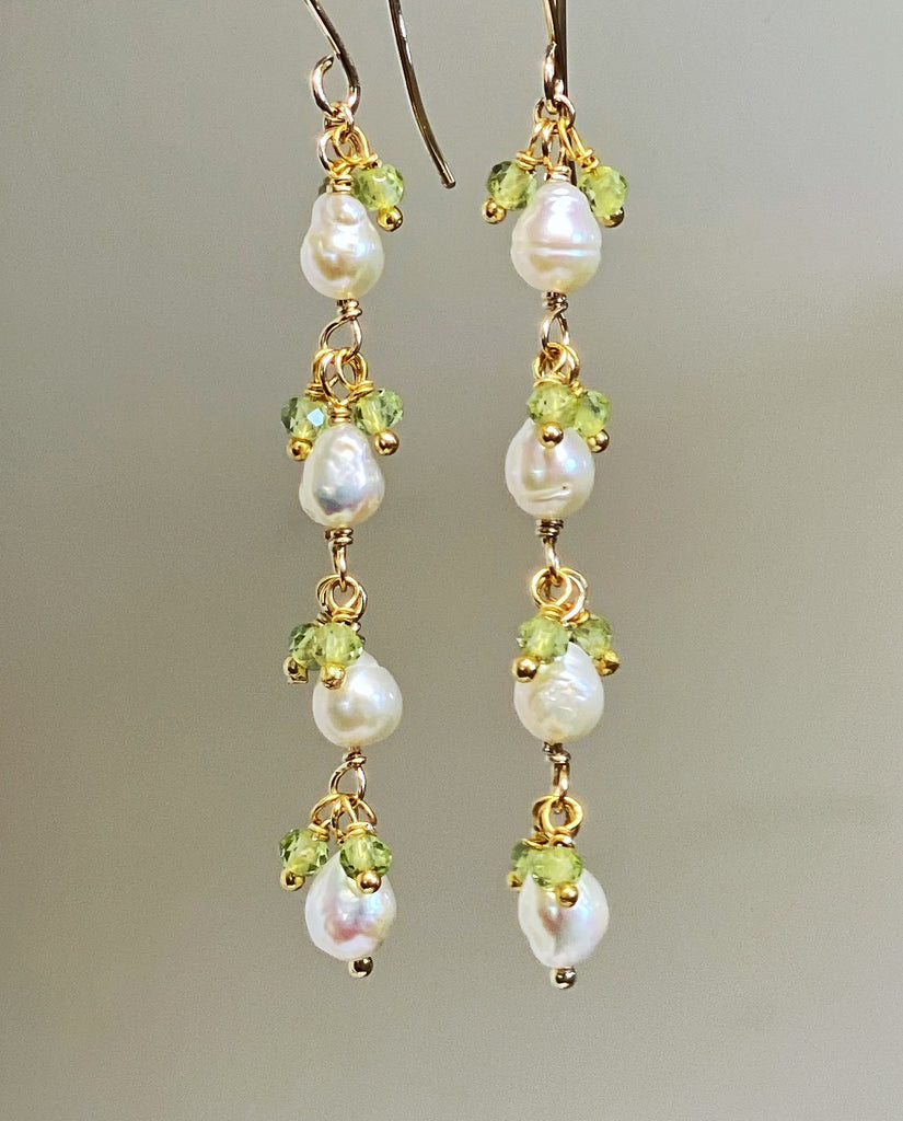 Peridot and Pearl Long Dainty Earrings Gold Fill - 3 PEARLS OPTION