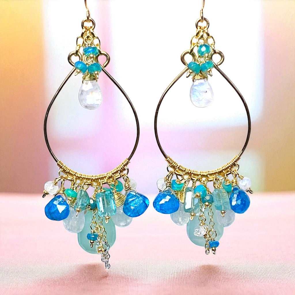 Aqua and Moonstone Statement Hoop Chandelier Earrings Gold