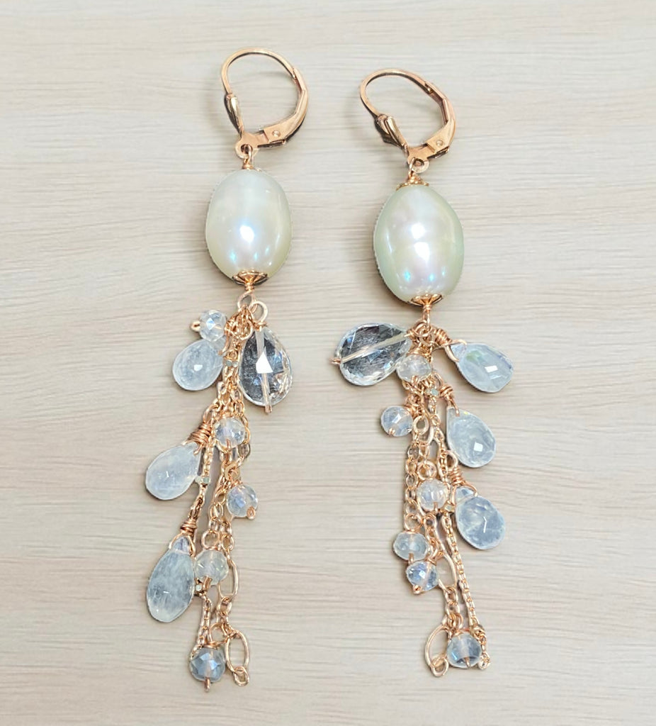 Rose Gold Pearl Moonstone Clear Zircon Long Dangle Earrings