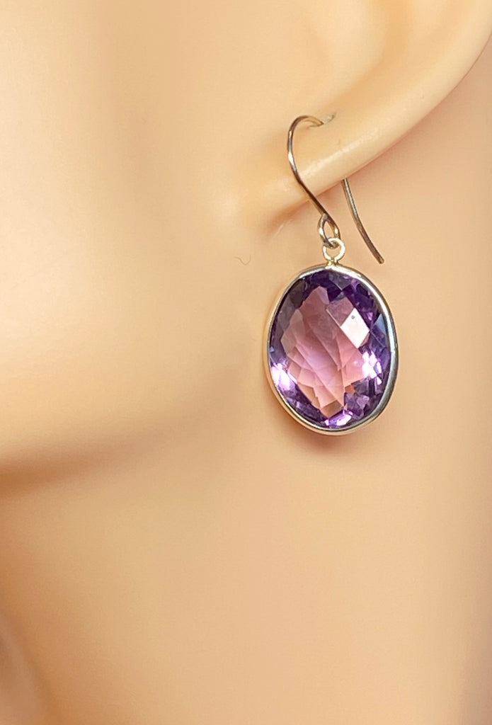 Pink Amethyst Faceted Portrait Set Dangle Earrings Sterling Silver