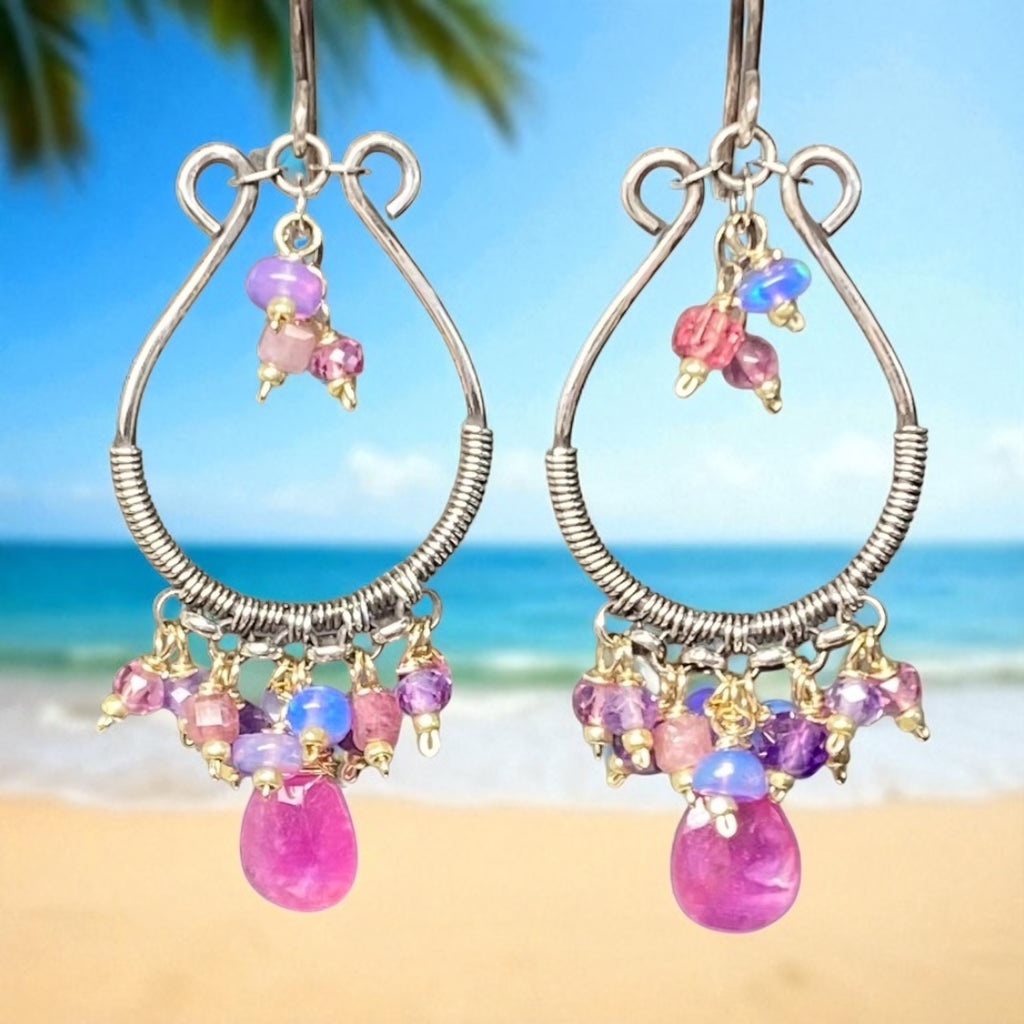 Pink Sapphire Oxidized Silver Hoop Chandelier Earrings, Mixed Metals 3