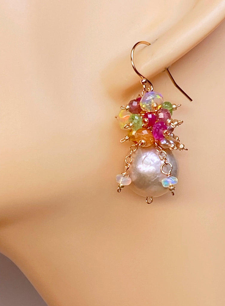 Blush Pearl Multicolor Opal Gemstone Cluster Earrings Rose Gold Fill