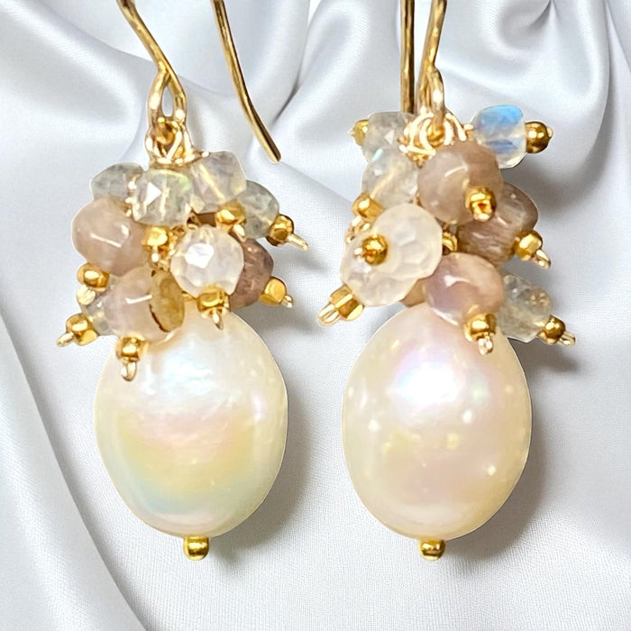 Pearl Cluster Earrings with Labradorite, Chocolate Moonstone Gold Fill or Sterling Silver
