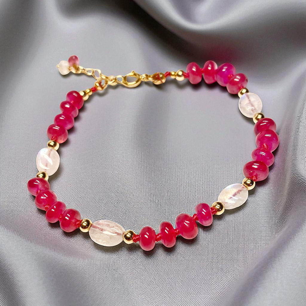 Pink Sapphire and Rainbow Moonstone Silk Knot Bracelet