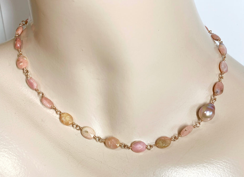 Pink Peruvian Opal, Pearl and Rose Gold Wire Wrapped Necklace