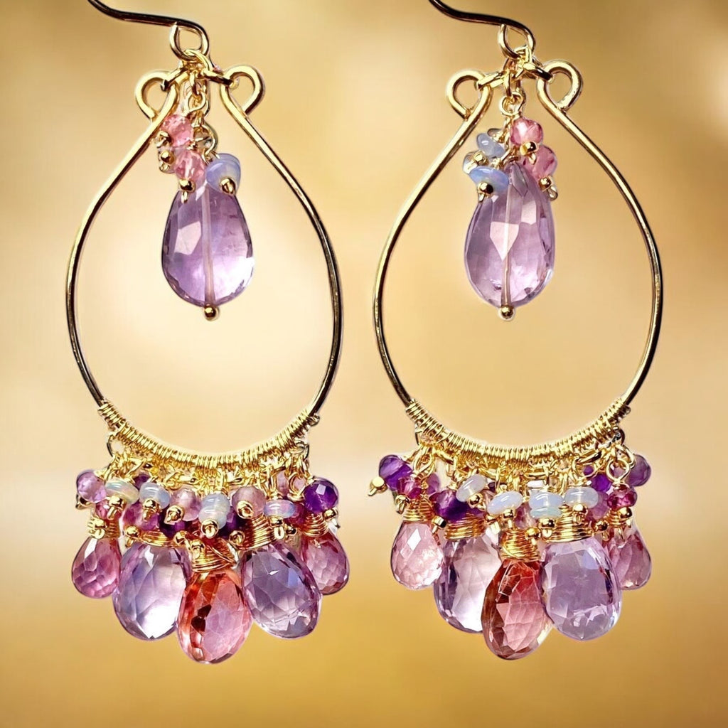 Gemstone Statement Chandelier Earrings in Pink, Lavender, Violet 2