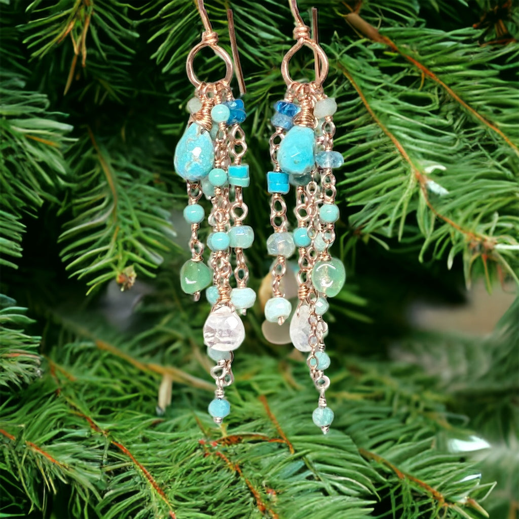 Turquoise Multi Gemstone Dangle Earrings Rose Gold Fill