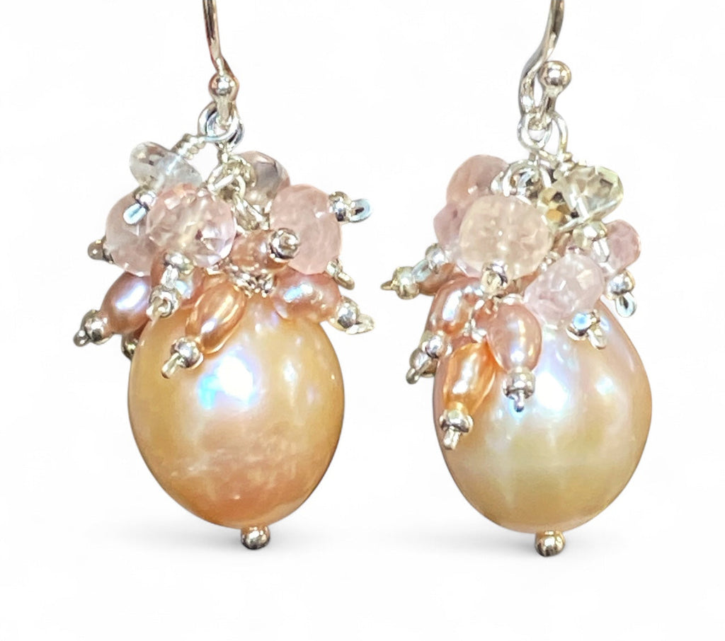 Pink Blush Pearl and Morganite Cluster Earrings Sterling Silver