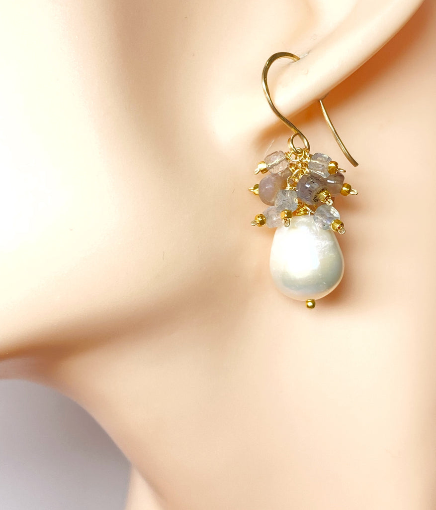 Pearl Cluster Earrings with Labradorite, Chocolate Moonstone Gold Fill or Sterling Silver
