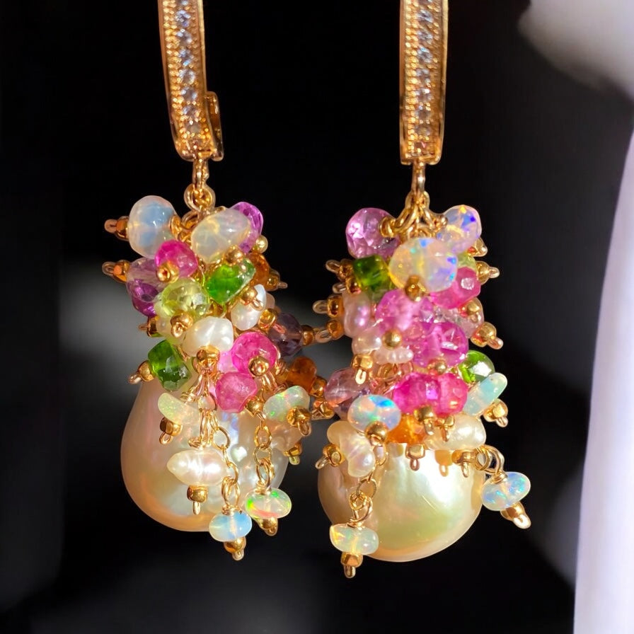 Pond-slime Baroque Pearl and Gemstone Cluster Earrings with Violet Sapphire