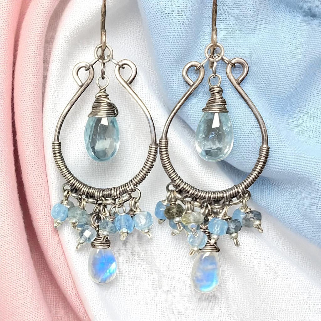 Aquamarine Oxidized Sterling Silver Hoop Chandelier Earrings