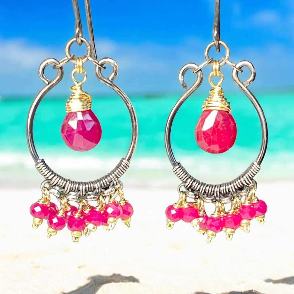 Red Ruby Mixed Metal Chandelier Hoop Earrings