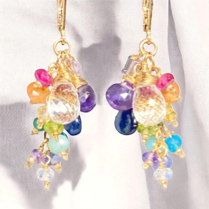 Crystal Quartz Dangle Earrings with Multi Gemstone Cluster, 3