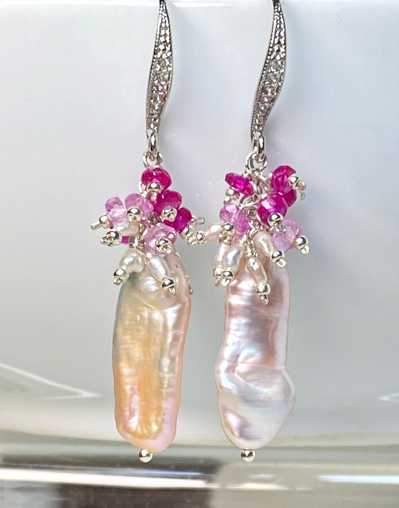 Biwa Pearl Dangle Earrings, Pink Red Ruby Clusters Sterling Silver