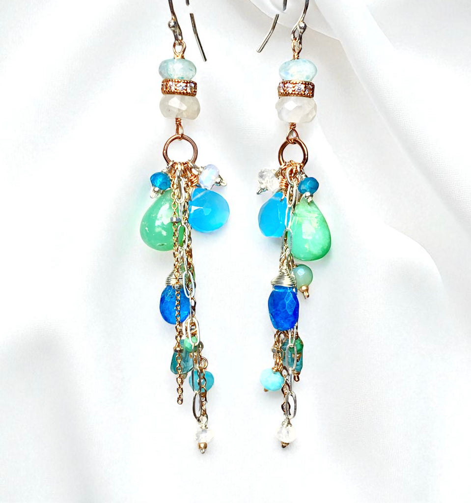 Rose Gold Long Boho Dangle Earrings Mixed Metal with Chrysoprase, Blue Chalcedony and Moonstone