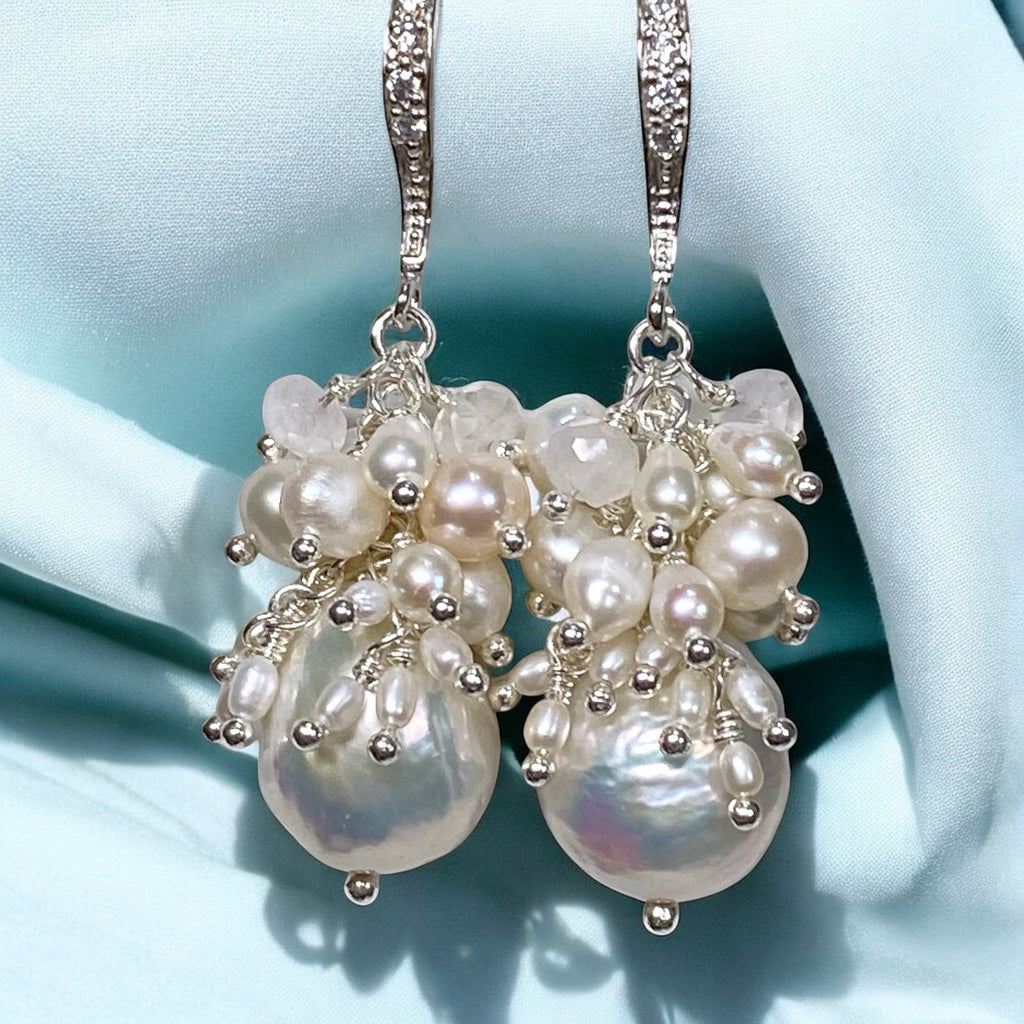 White Edison Pearl Cluster Earrings with Moonstone in Sterling Silver