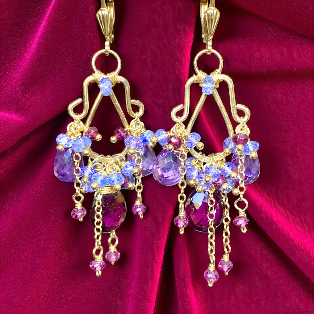 Garnet Amethyst Tanzanite Gold Multicolor Chandelier Earrings