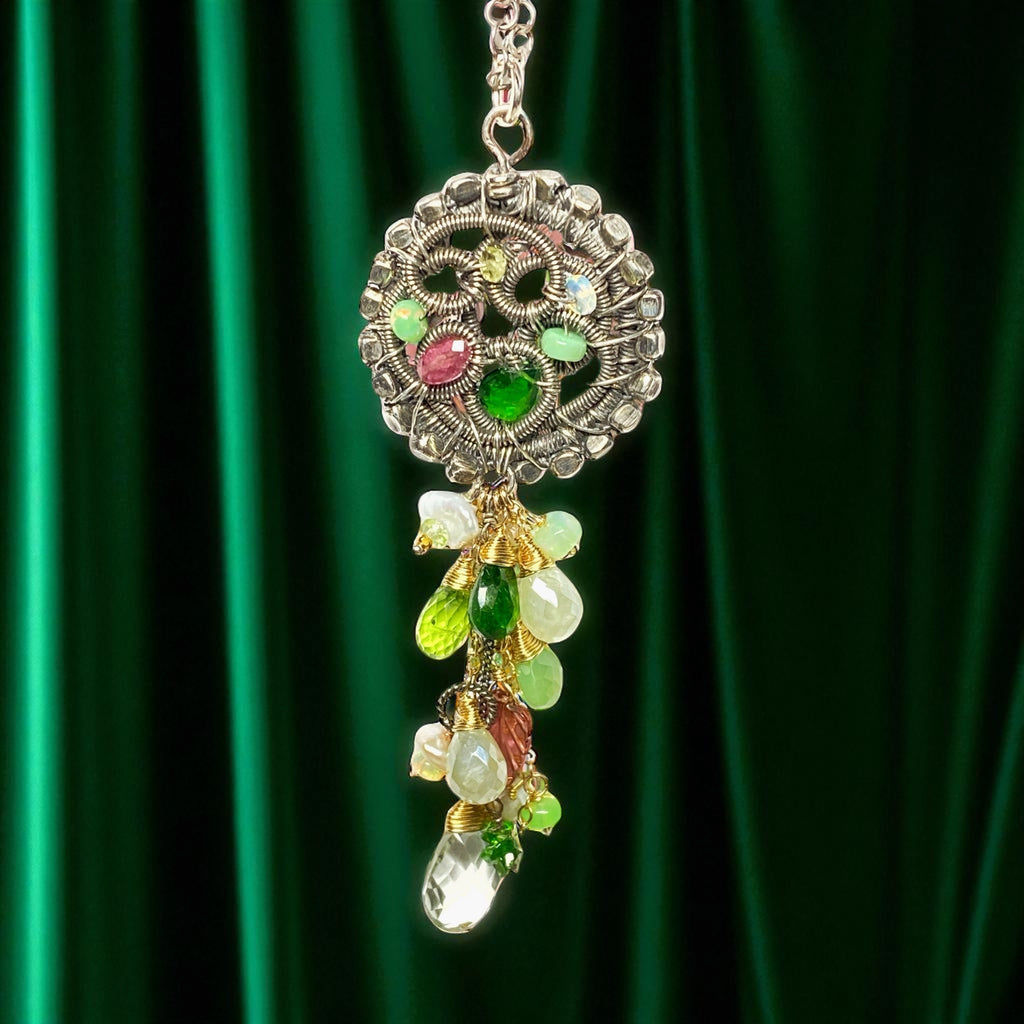 Boho Gemstone Pendant Oxidized Silver Pink Tourmaline, Opal, Green Gems