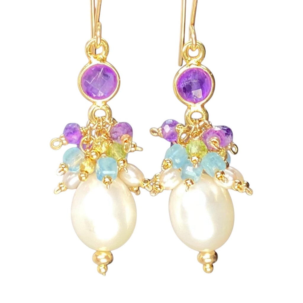 Pearl Cluster Earrings with Peridot, Aquamarine, Amethyst in Gold