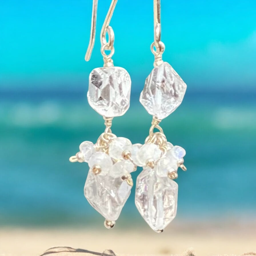 Herkimer Diamond Crystal Quartz, Moonstone and Sterling Silver Dangle Earrings