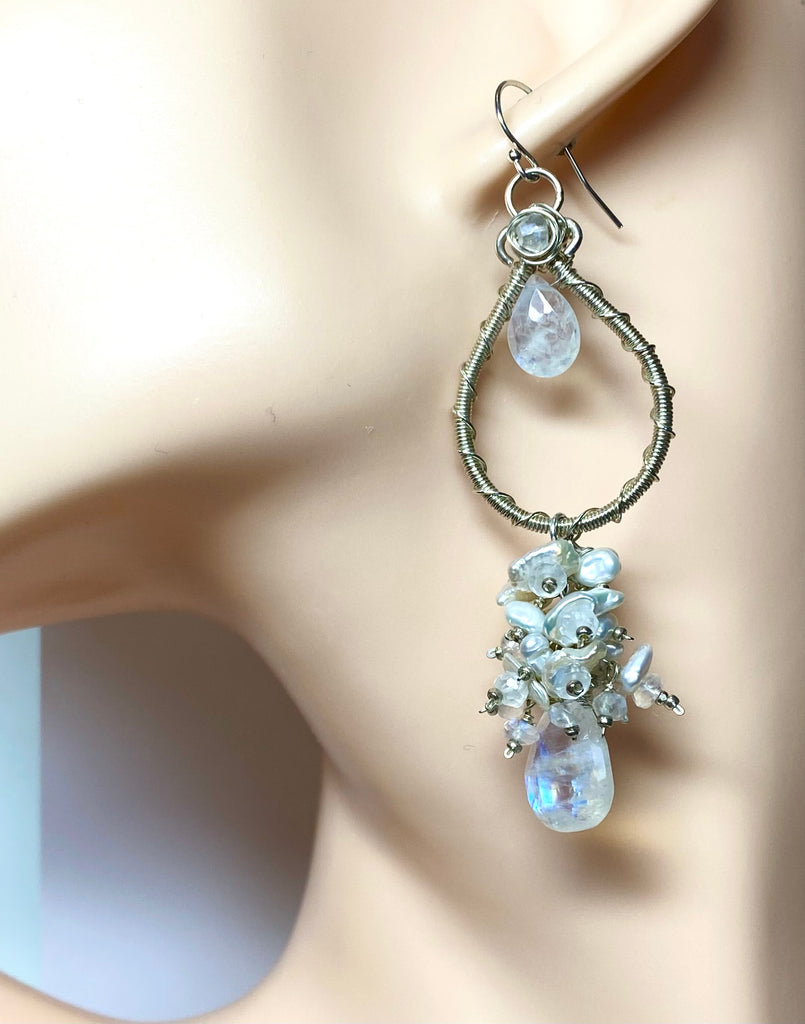 Moonstone Pearl Bridal Earrings Keishi Pearl Crystal Sterling Silver